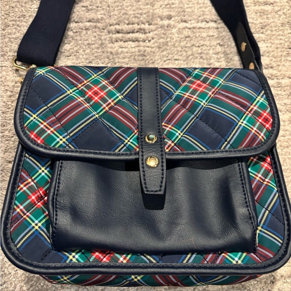 TALBOTS Blue Plaid Tartan Nylon Quilted Leather Trim Crossbody Messenger Bag - Picture 1 of 7